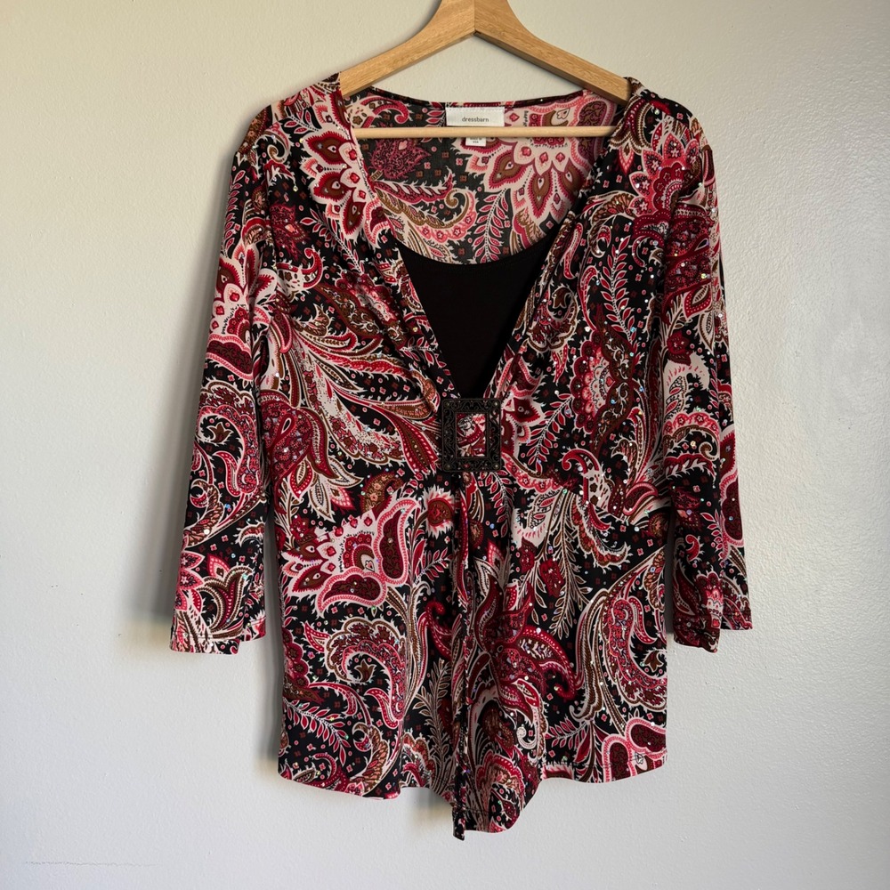 Y2K Whimsigoth Witchy XL Red Paisley Sequin Layered Buckle Top 3/4 Sleeve Blouse - Picture 1 of 8